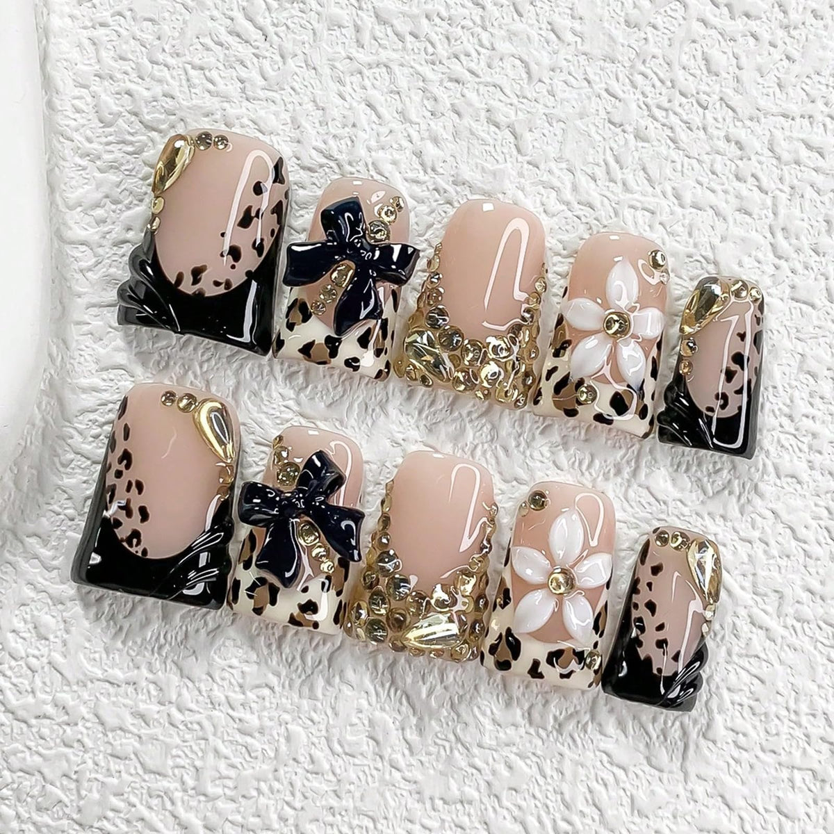 Handmade Press On Nails Short Square Nude 10PCS French Tip Fake Nails with 3D Gold Pearl Charms, Hand Painted Luxury Reusable Stick On Nails for Wedding Bridal Prom(M)