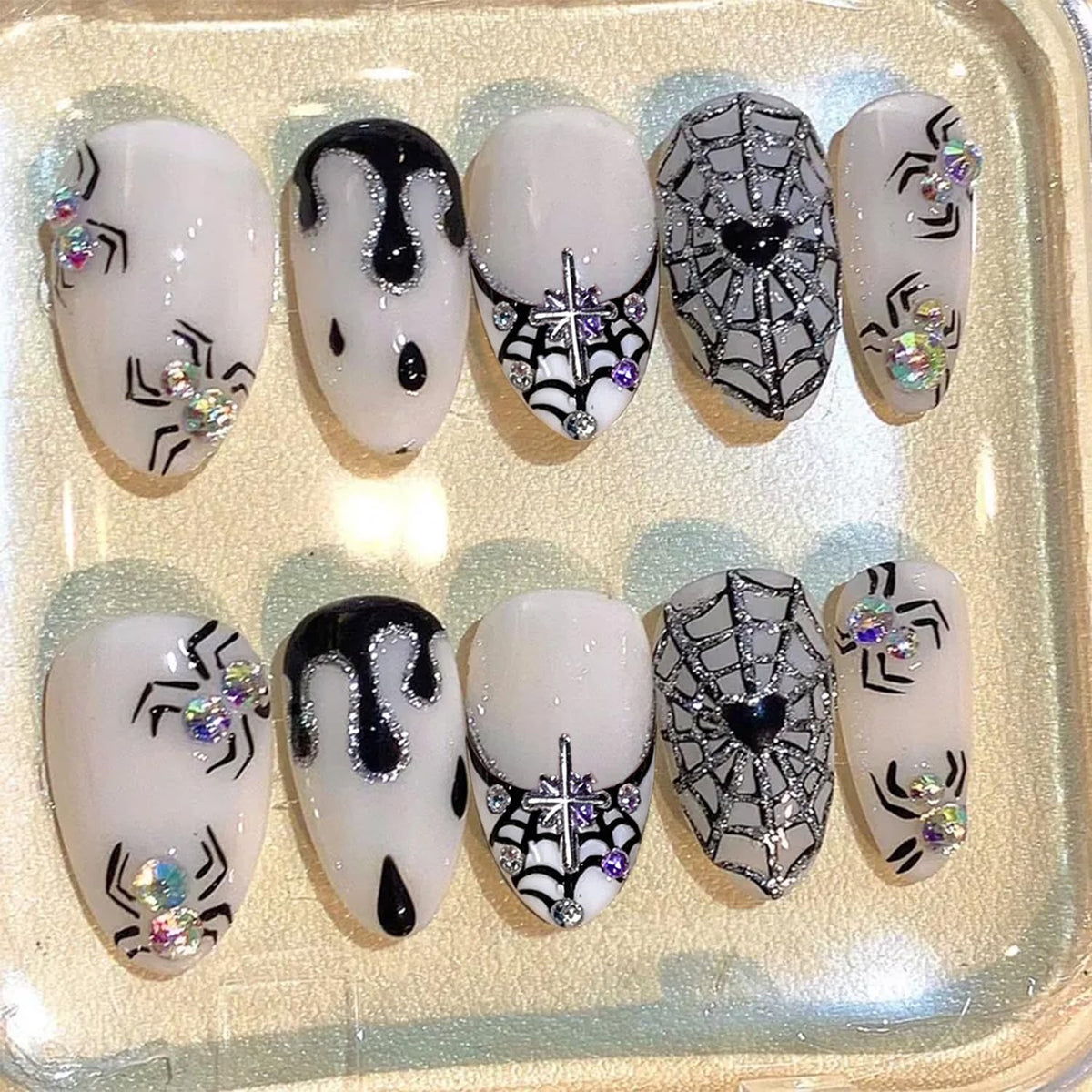 Almond Press on Nails White Flower with Gold Rhinestone Wedding Fake Nails