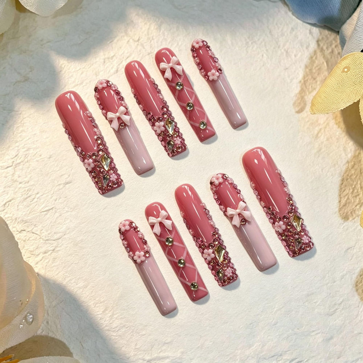 Luxury Handmade Press on Nails Long Coffin Fake Nails Rhinestone Crystal Full Cover False Nails with Glue with Designs Sparkly Long Acrylic Nail Reusable Stick on Nail for Women 10Pcs(Size M)