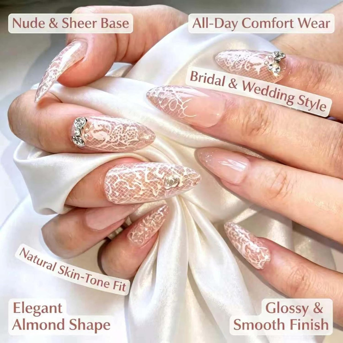 Lace Print Short Almond Press On Nails with 3D Rhinestones 24Pcs
