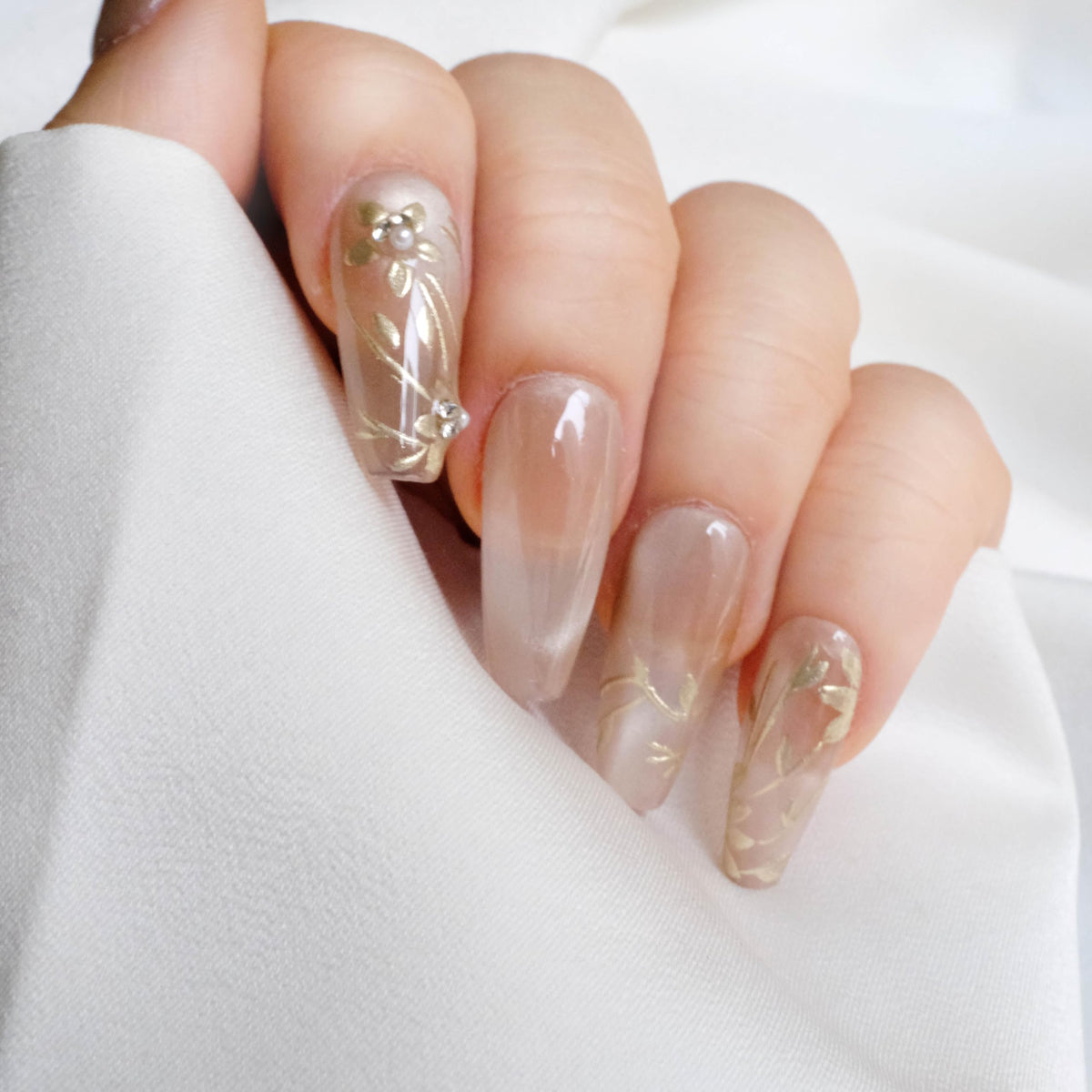 Luxury Handmade Press On Nails, Vintage Bohemian Style, Long Stiletto Shape, Crystal Heart Gems, Gold Stars Design, 10 Pieces (Large, LS)