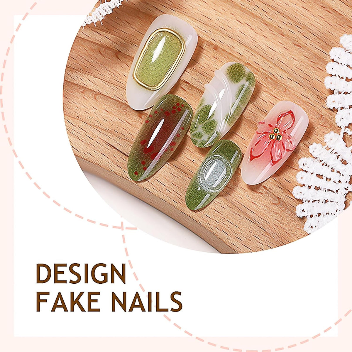 Press on Nails Medium Almond - 3D Red Hibiscus Flower Olive Green Fake Nails, Jade Agate Retro Stick on False Nails for Women & Girls, 30 Pcs