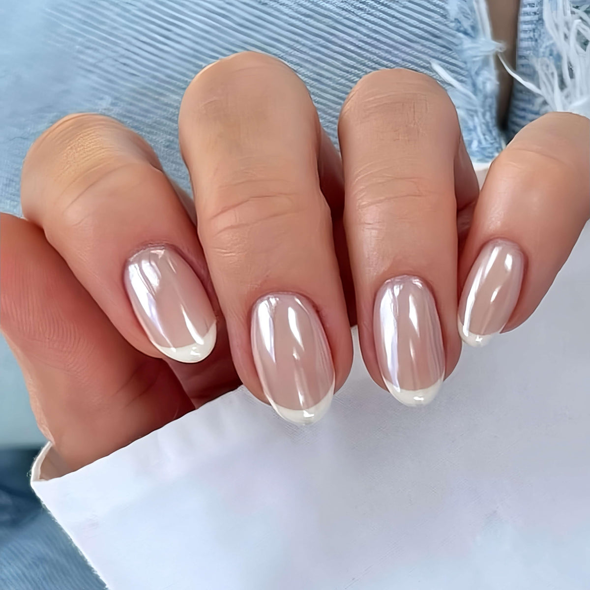 Medium Almond Press On Nails, Milky Nude Fake Nails with White French Tips, Gold Outline Design, Rhinestone and Pearl Accents, Glossy Reusable Glue On Nails for Women Wedding, 24PCS