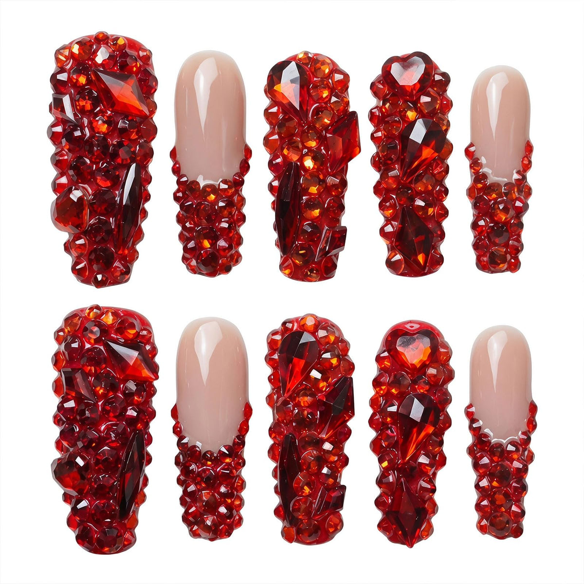 Long Square Handmade Press on Nails - White French Tip Acrylic Fake Nails with Crystals Gems, Elegant Bridal Reusable False Nails for Wedding Manicure 10 Pack (Size M)