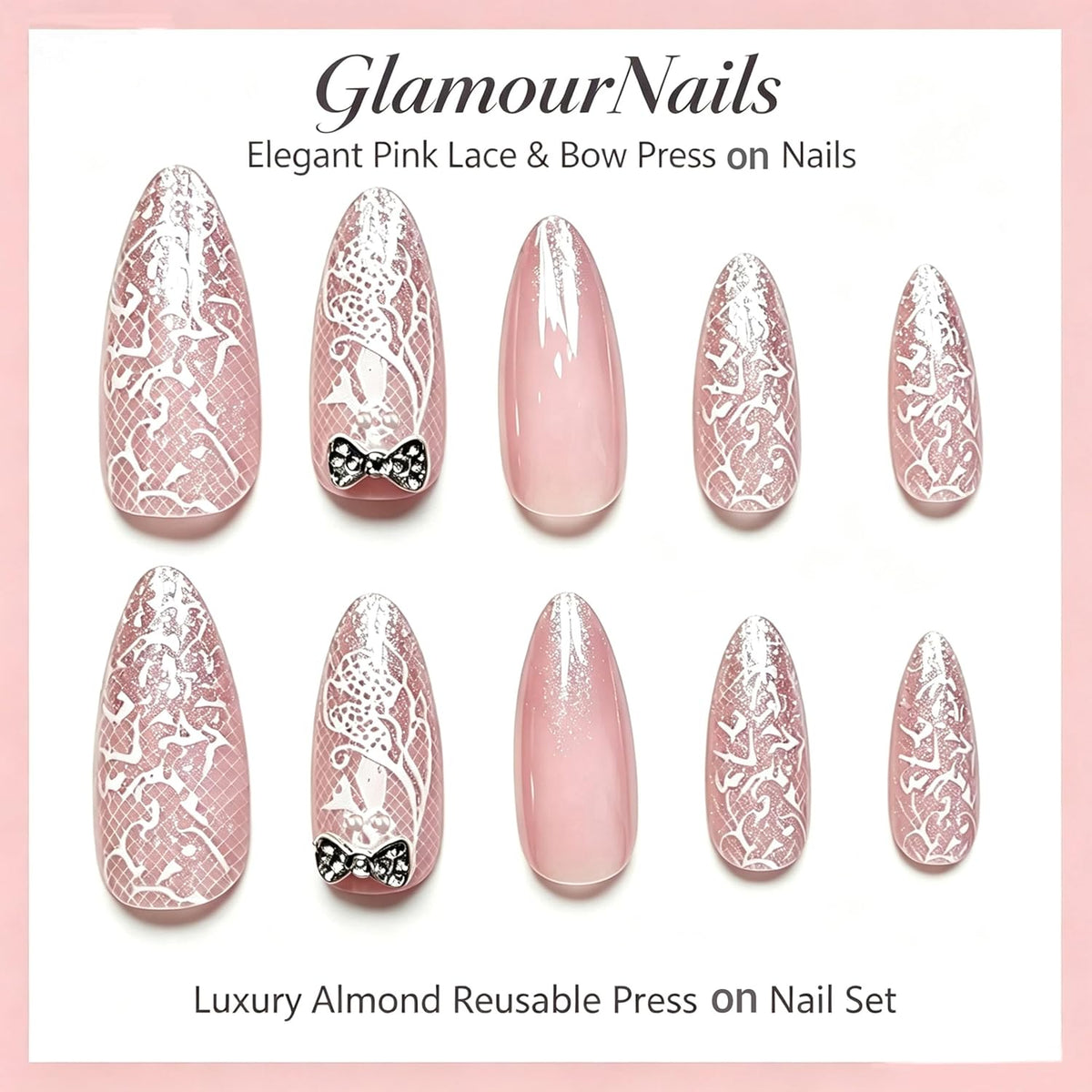 Lace Print Short Almond Press On Nails with 3D Rhinestones 24Pcs
