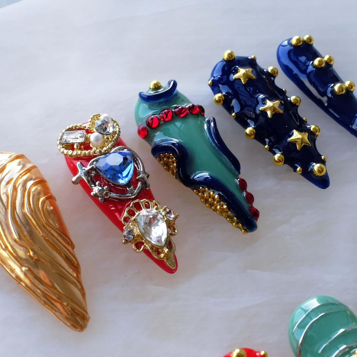Luxury Handmade Press On Nails, Vintage Bohemian Style, Long Stiletto Shape, Crystal Heart Gems, Gold Stars Design, 10 Pieces (Large, LS)