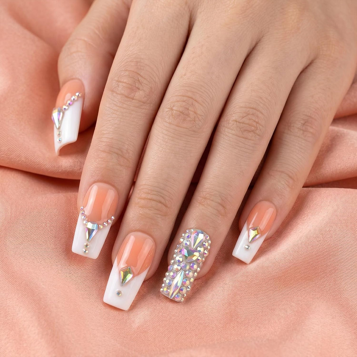 Long Square Handmade Press on Nails - White French Tip Acrylic Fake Nails with Crystals Gems, Elegant Bridal Reusable False Nails for Wedding Manicure 10 Pack (Size M)