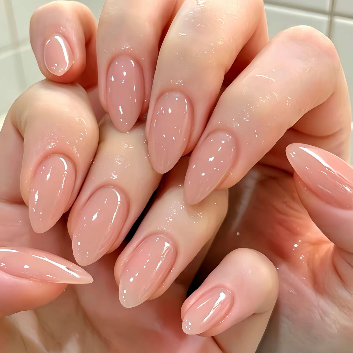 Medium Almond Press On Nails, Milky Nude Fake Nails with White French Tips, Gold Outline Design, Rhinestone and Pearl Accents, Glossy Reusable Glue On Nails for Women Wedding, 24PCS