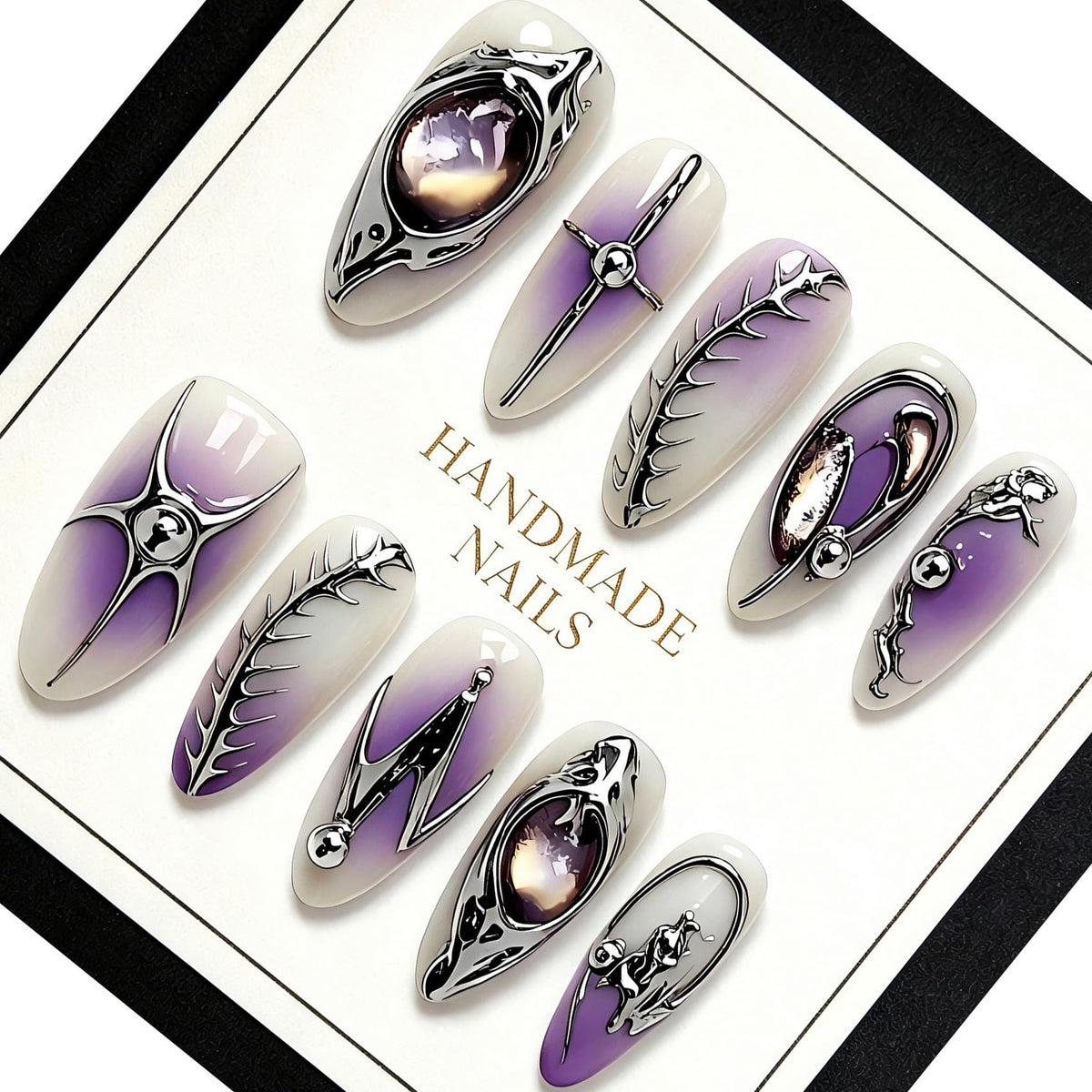Handmade Almond Press on Nails, Abstract 3D Floral Gold, 10Pcs