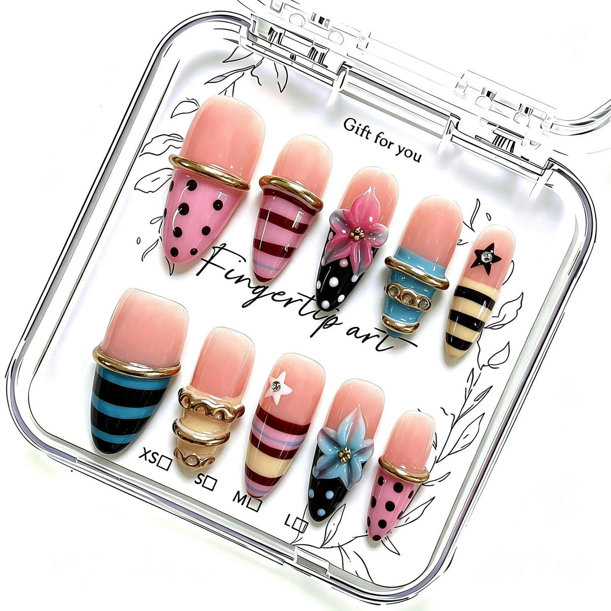 Handmade Almond Press on Nails, Abstract 3D Floral Gold, 10Pcs