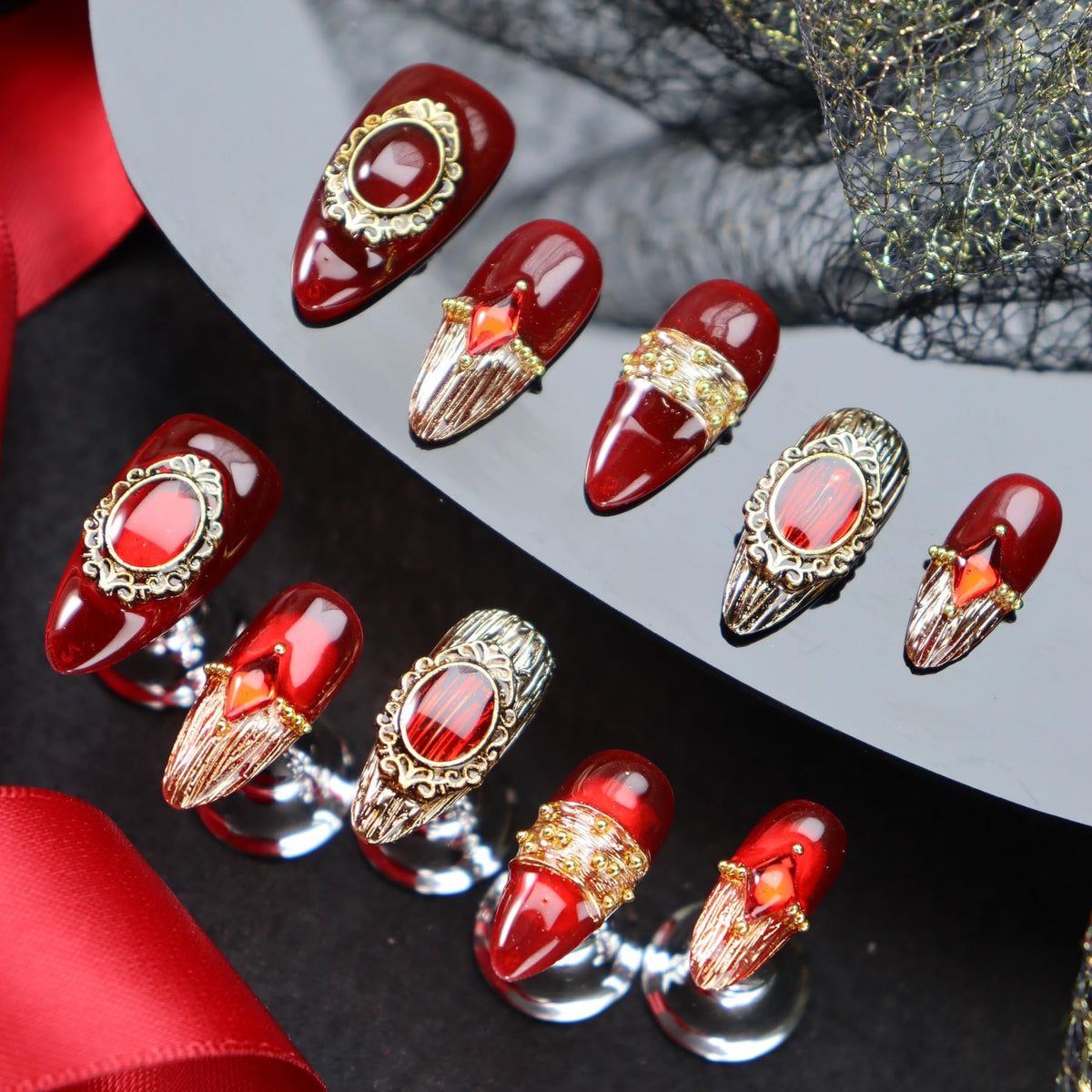 Star Moon Press on Nails Long Stiletto Fake Nails Pure Handcrafted Nail Mirror Effect Glue on Nails Glitter False Nail with Design Rhinestone Stick on Nail for Women Girls Luxury Manicure (M)