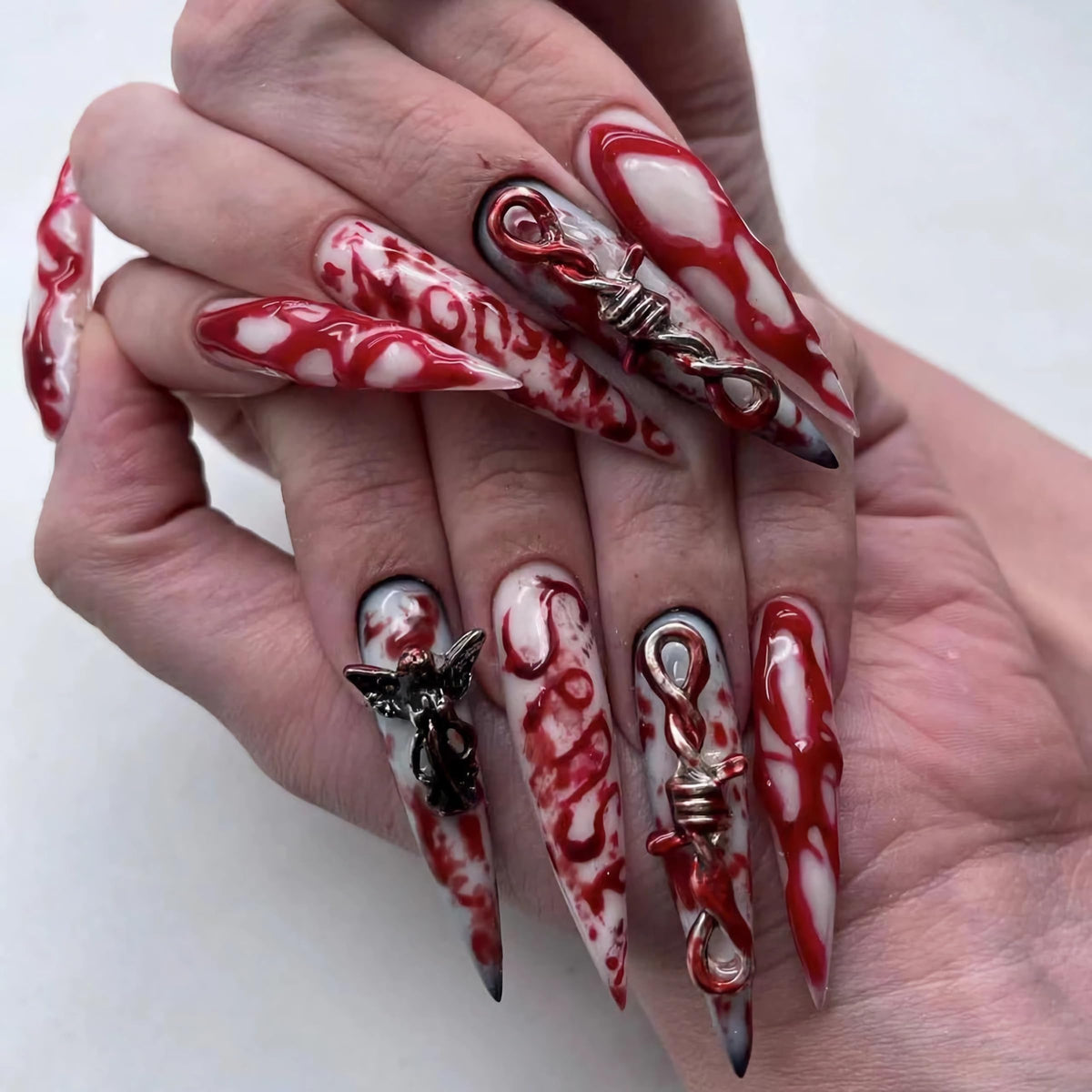 BABALAL Press On Nails Extra Long Stiletto Fake Nails Amber Tortoise Leopard Print 3D Metal Gold Swirl with Rhinestone Vintage Y2K Fall Luxury Glue On Nails