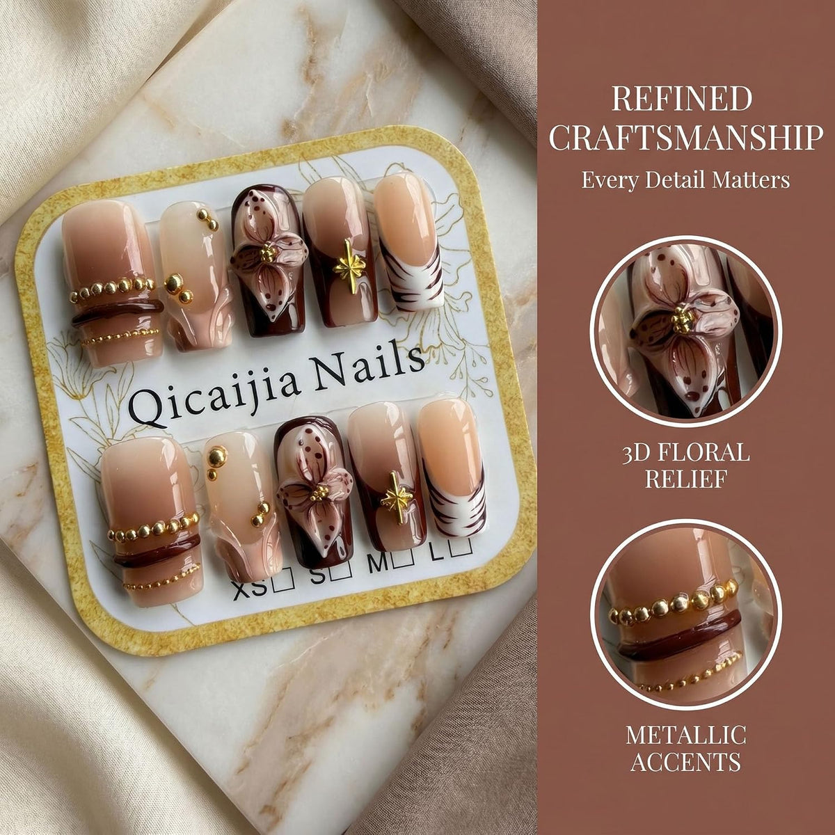 Handmade Press on Nails Medium Square Brown Gradient False Nails with 3D Flower and Swirl Design French Tip Fake Nails Luxury Reusable Acrylic Nails Press Ons for Women 10Pcs (Size M)