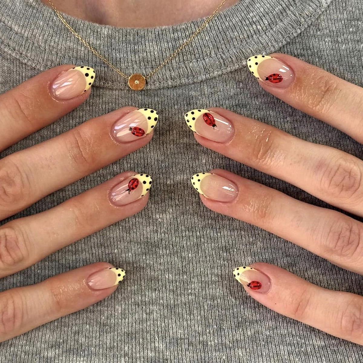 Black French Tip Press On Nails Almond Stiletto, Nude Glossy Fake Nails