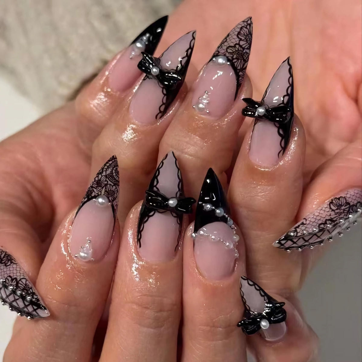 MERVF Medium Almond Press on Nails - White Ombre French Tip Fake Acrylic Nails, Rhinestones Gold Rings Design Wedding Glossy Finish 24pcs