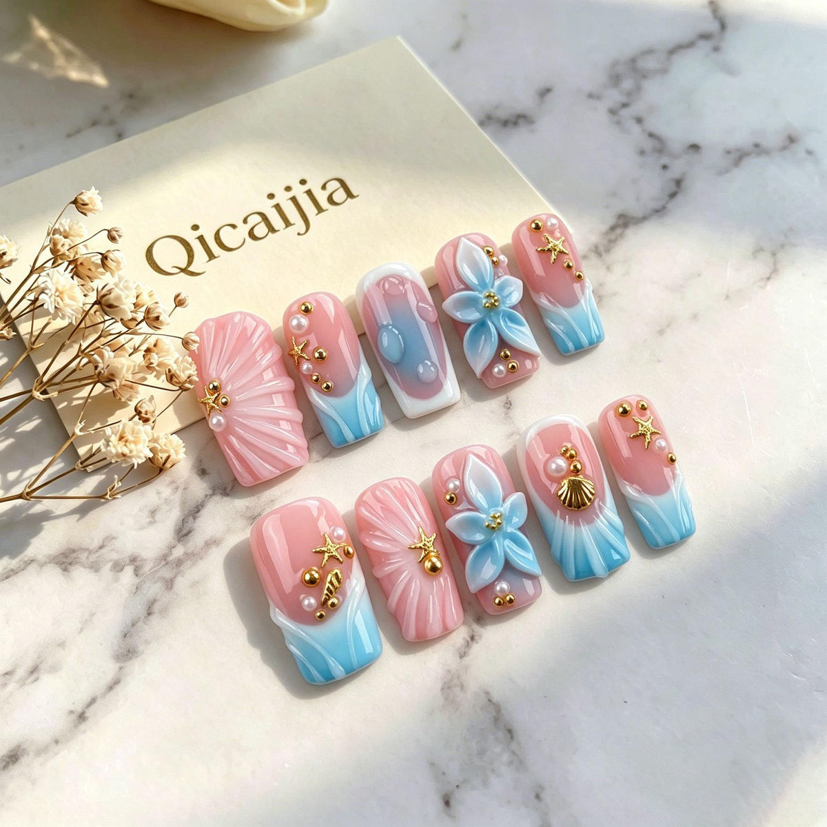 Handmade Press on Nails Medium Square Brown Gradient False Nails with 3D Flower and Swirl Design French Tip Fake Nails Luxury Reusable Acrylic Nails Press Ons for Women 10Pcs (Size M)