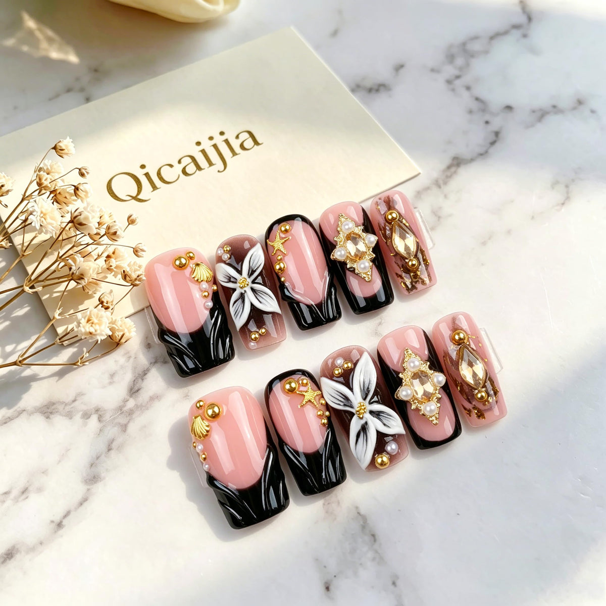 Handmade Press on Nails Medium Square Brown Gradient False Nails with 3D Flower and Swirl Design French Tip Fake Nails Luxury Reusable Acrylic Nails Press Ons for Women 10Pcs (Size M)