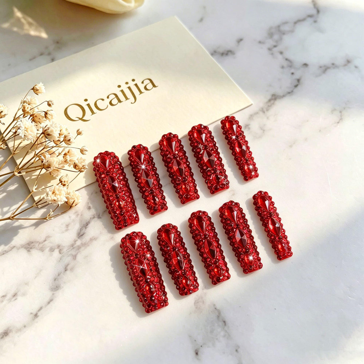 Luxury Handmade Press on Nails Long Coffin Fake Nails Rhinestone Crystal Full Cover False Nails with Glue with Designs Sparkly Long Acrylic Nail Reusable Stick on Nail for Women 10Pcs(Size M)