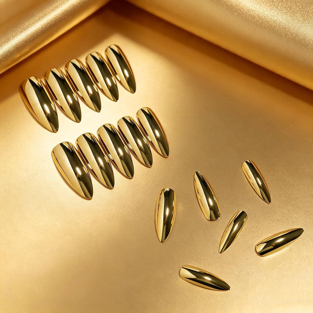 BABALAL Long Stiletto Press on Nails Metallic Gold Chrome Fake Nails
