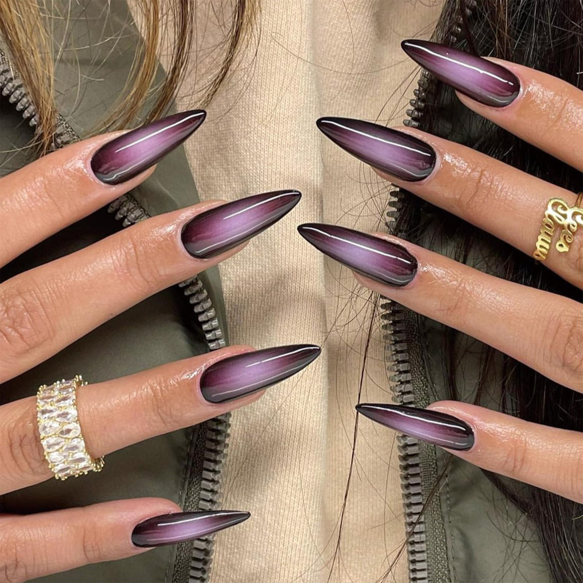 SINHOT Stiletto Press on Nails Long Fake Nails Glossy Glue on Nails Luxury Rhinestones Acrylic Nail White Bling Glitter Almond Artificial Nail Stick on False Nail with Design 24pcs