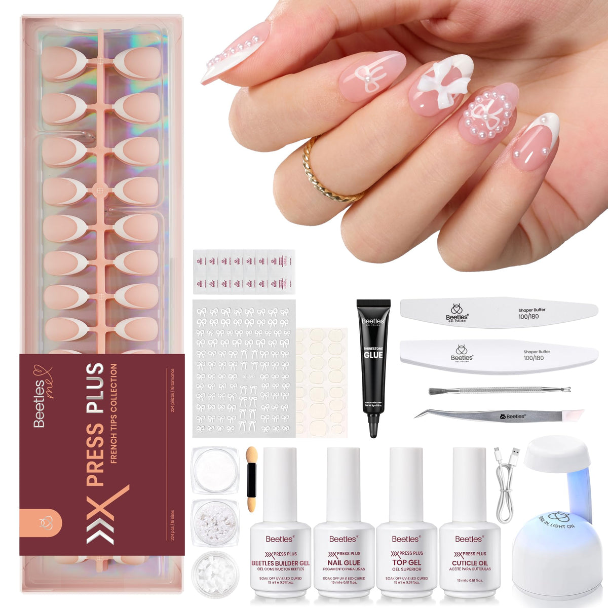 Beetles French Tips Press On Nails - Short Square 150 Pcs