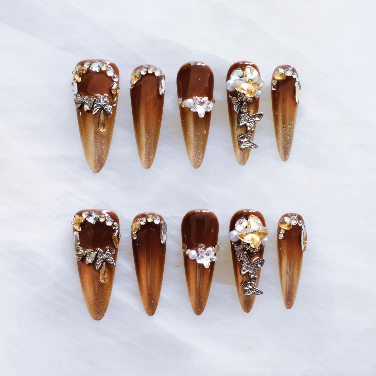 Luxury Handmade Press On Nails, Vintage Bohemian Style, Long Stiletto Shape, Crystal Heart Gems, Gold Stars Design, 10 Pieces (Large, LS)