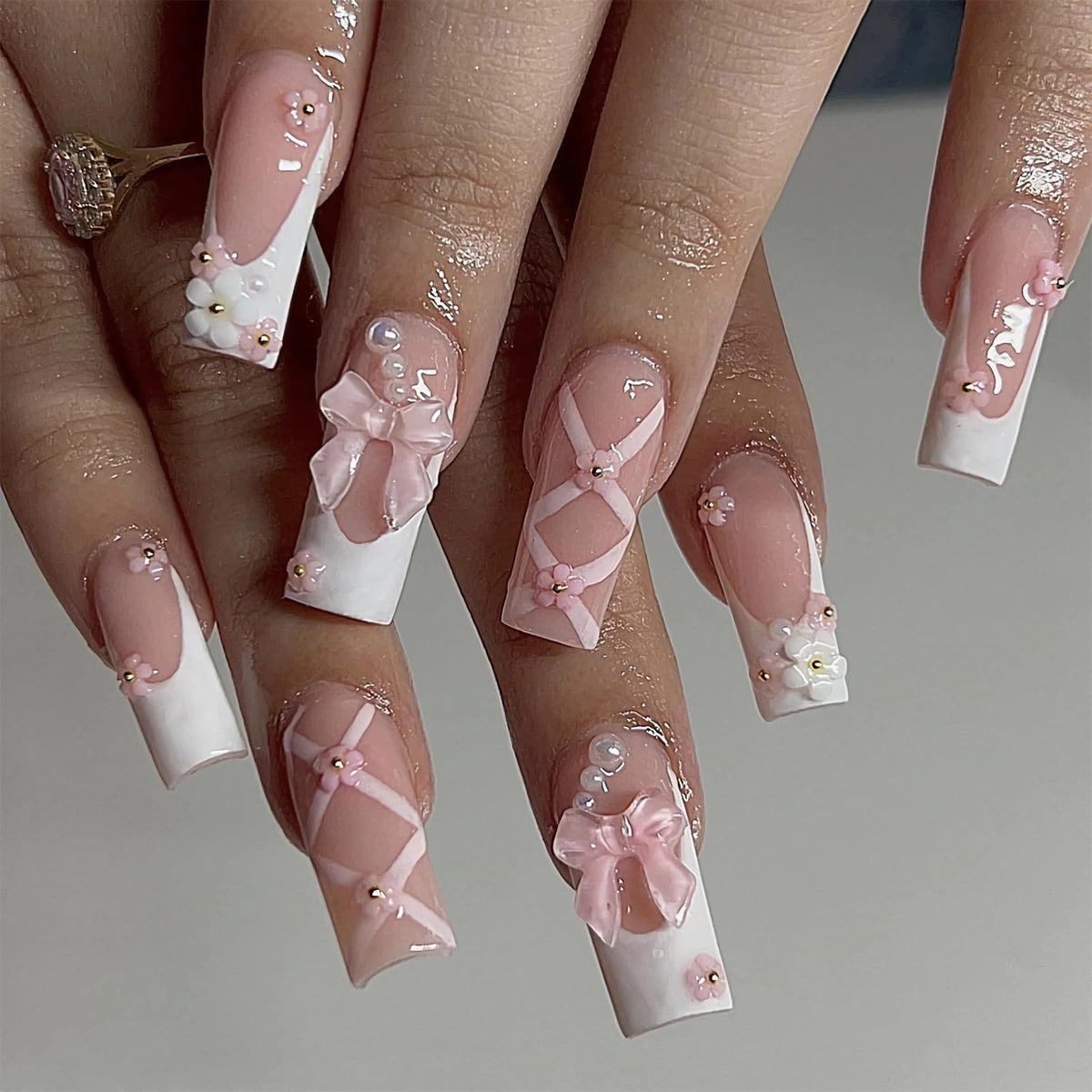 BABALAL Press on Nails, Extra Long Square Fake Nails, Gold Chrome French Tip, Luxury Rhinestone & Star Charm Design, Bling Shiny Reusable Glue on Nails 24Pcs