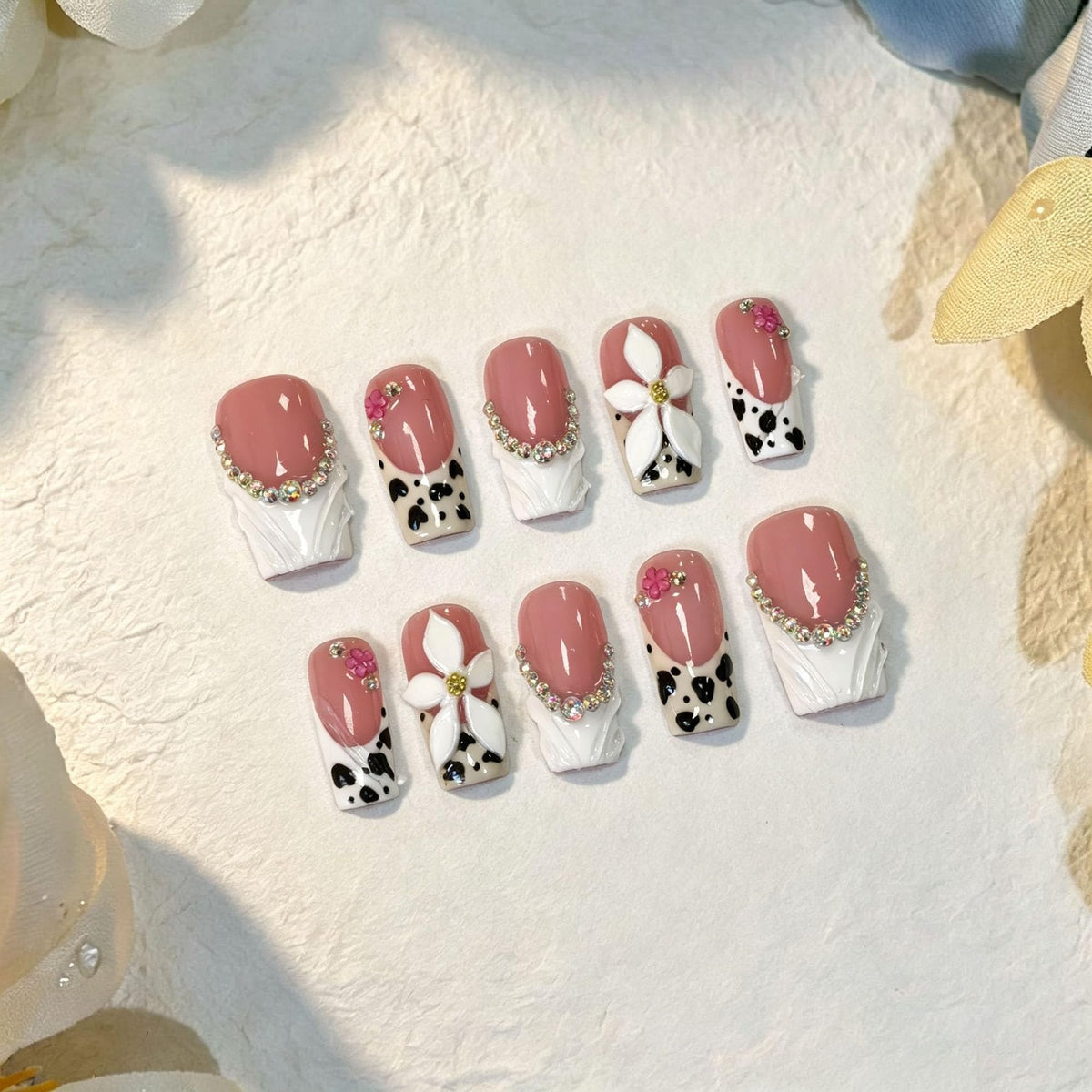 Luxury Handmade Press on Nails Medium Square Fake Nails Blue French False Nails with Ombre 3D Flower Art Design Acrylic Nails Handmade Stick on Nail for Women Manicure 10Pcs (Size M)