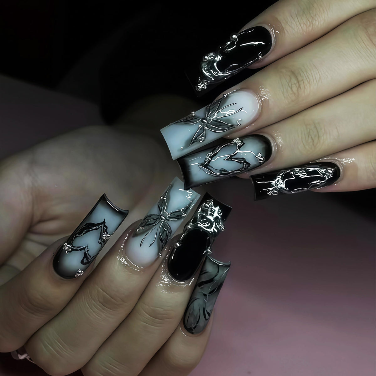 BABALAL Press On Nails Long Square Fake Nails Nude Pink White French Tip Lace Pearl Rhinestone Glossy Bridal Wedding Glue On Nails 24Pcs