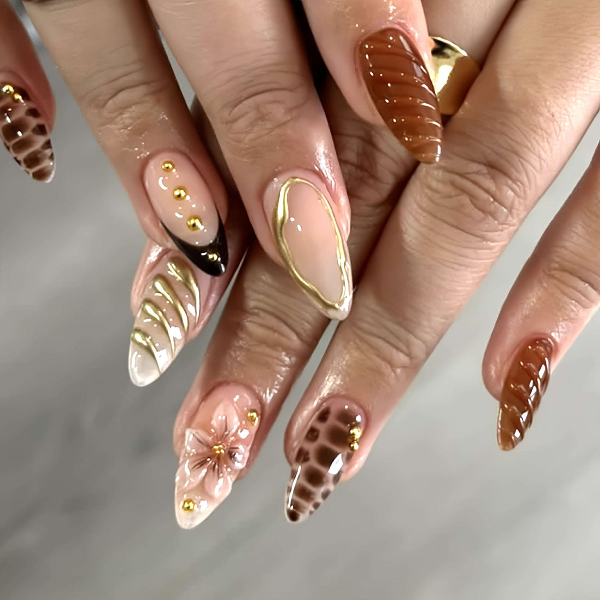 Medium Almond Press On Nails, Milky Nude Fake Nails with White French Tips, Gold Outline Design, Rhinestone and Pearl Accents, Glossy Reusable Glue On Nails for Women Wedding, 24PCS