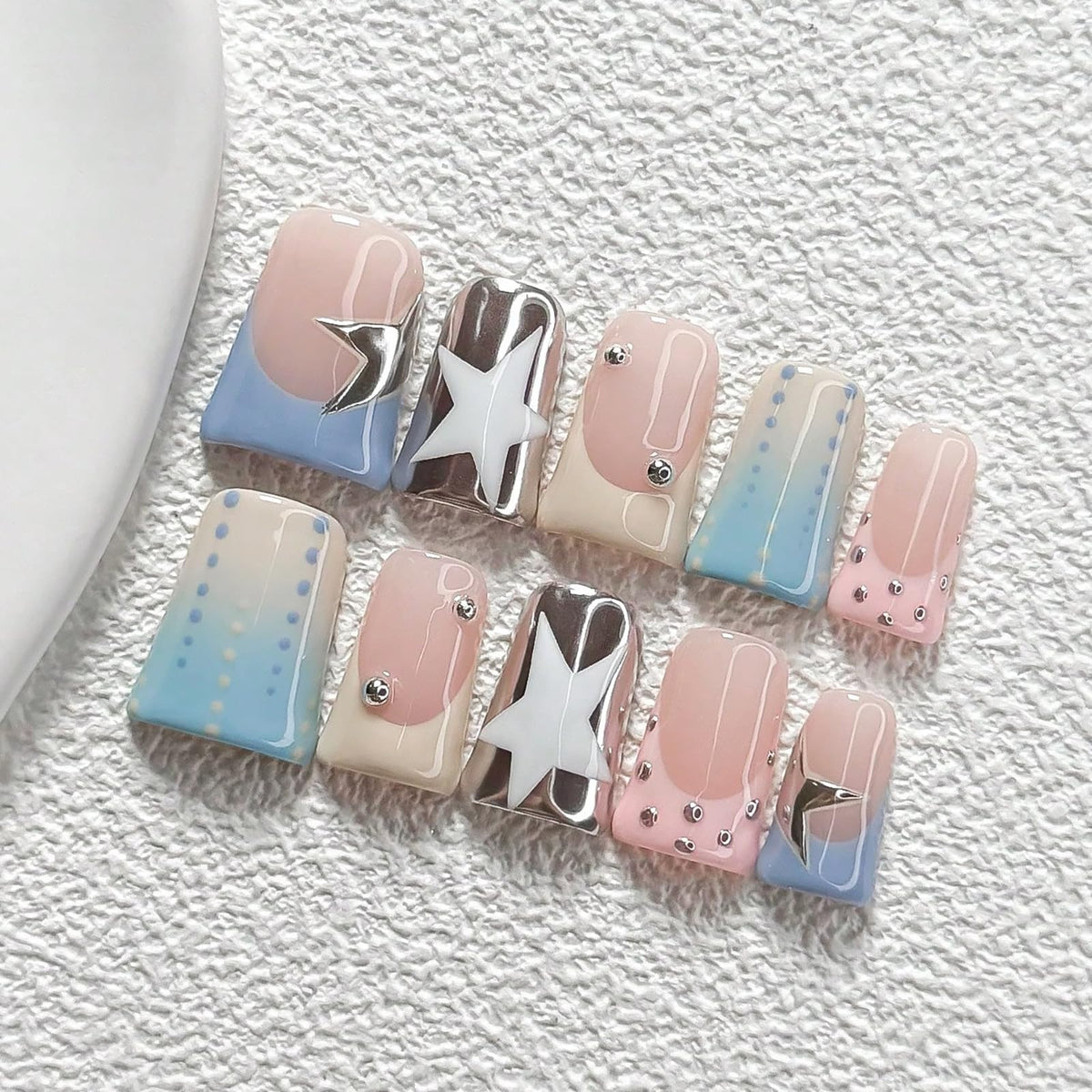 Handmade Press On Nails Short Square Nude 10PCS French Tip Fake Nails with 3D Gold Pearl Charms, Hand Painted Luxury Reusable Stick On Nails for Wedding Bridal Prom(M)
