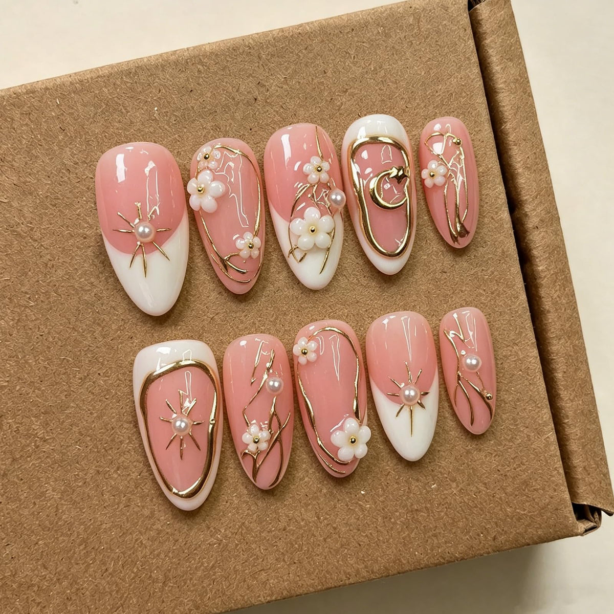 Handmade Almond Press on Nails Medium, Nude White French Tip Fake Nails with 3D White Flower Gold Metal Lines Pearl Decor, Glossy Reusable Full Cover False Nails for Women Wedding Daily(S)