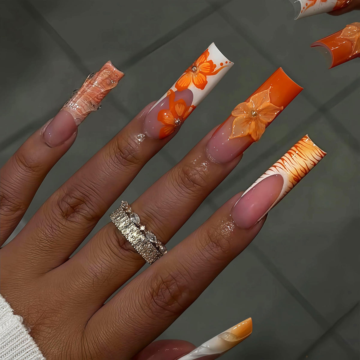 BABALAL Press On Nails Long Square Fake Nails Nude Pink White French Tip Lace Pearl Rhinestone Glossy Bridal Wedding Glue On Nails 24Pcs