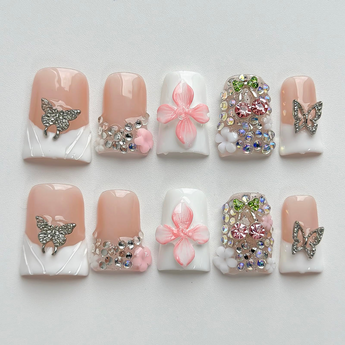 Handmade Press On Nails Short Square Nude 10PCS French Tip Fake Nails with 3D Gold Pearl Charms, Hand Painted Luxury Reusable Stick On Nails for Wedding Bridal Prom(M)