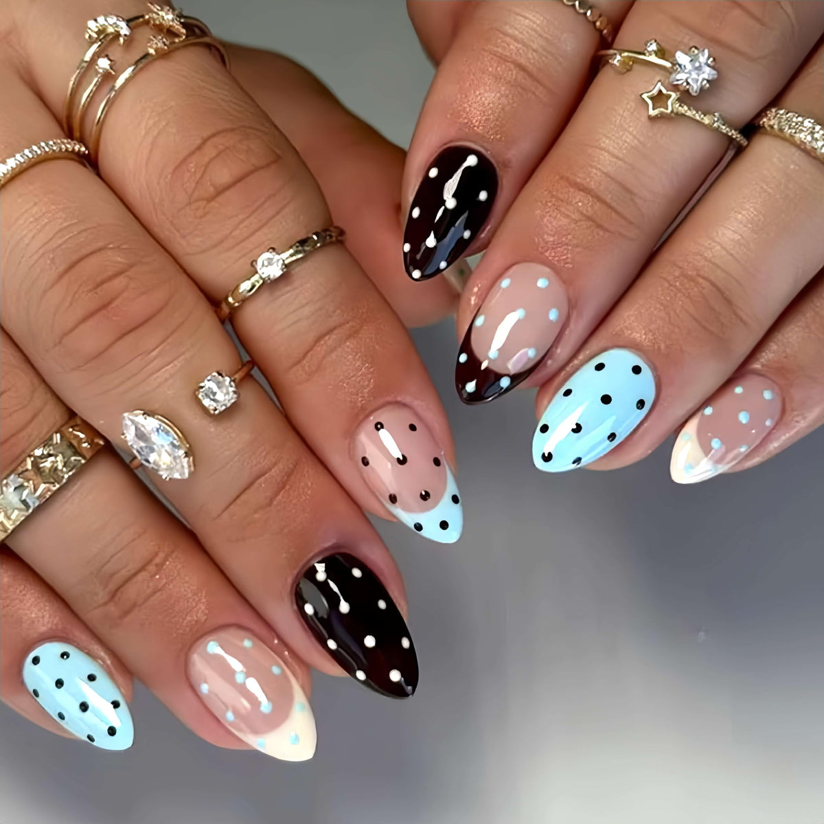 Medium Almond Press On Nails, Milky Nude Fake Nails with White French Tips, Gold Outline Design, Rhinestone and Pearl Accents, Glossy Reusable Glue On Nails for Women Wedding, 24PCS