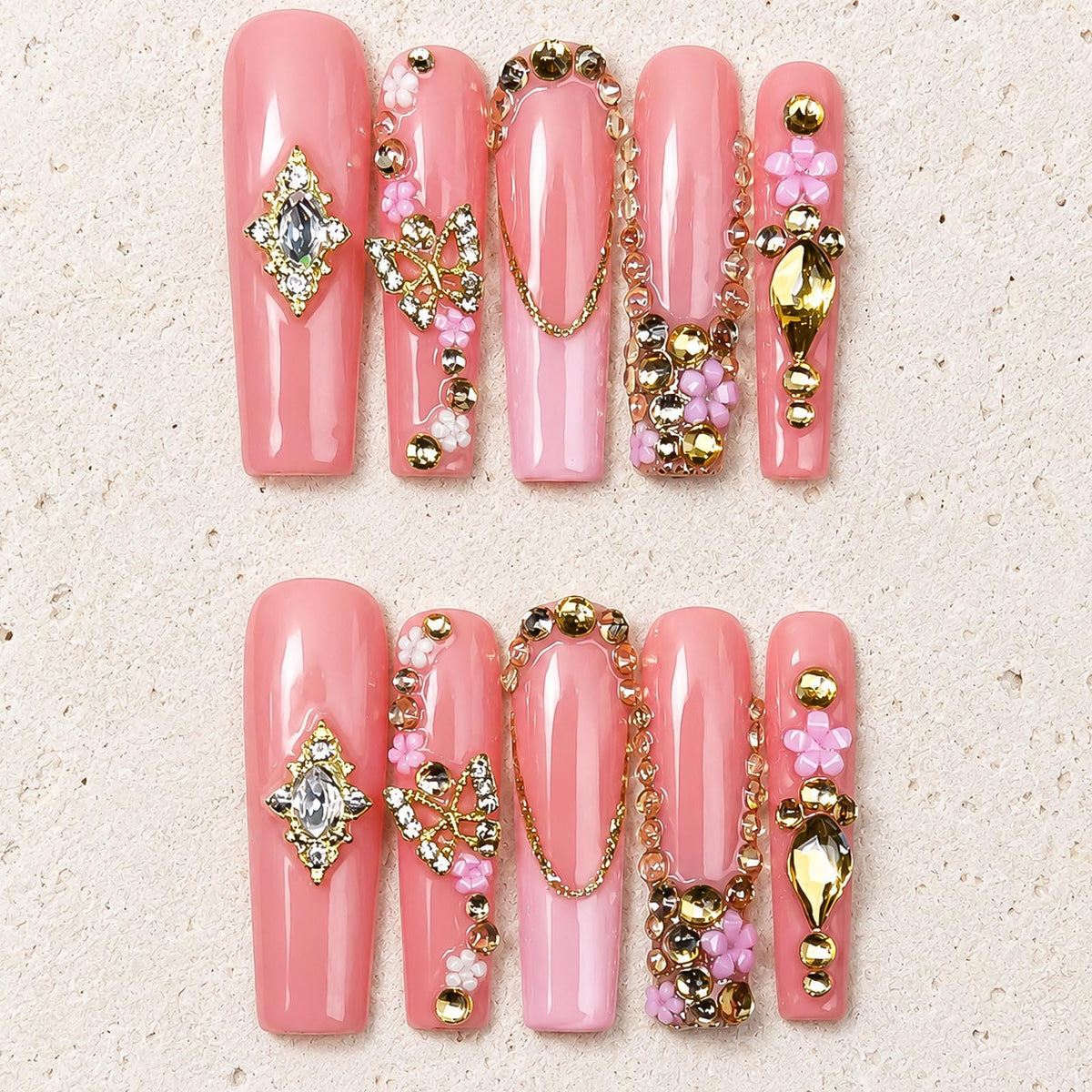 Handmade Press on Nails XL Long Square - Extra Long Orange French Acrylic Fake Nails with 3D Sculpted & Luxury Crystal Gems, Luxury Baddie Reusable False Nails 10 Pack (Size M)