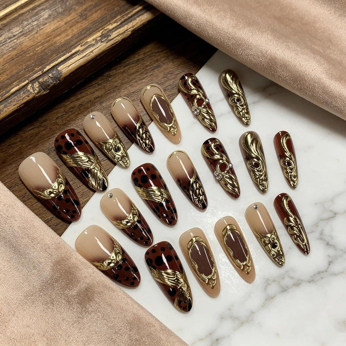 BABALAL Press On Nails Extra Long Stiletto Fake Nails Amber Tortoise Leopard Print 3D Metal Gold Swirl with Rhinestone Vintage Y2K Fall Luxury Glue On Nails