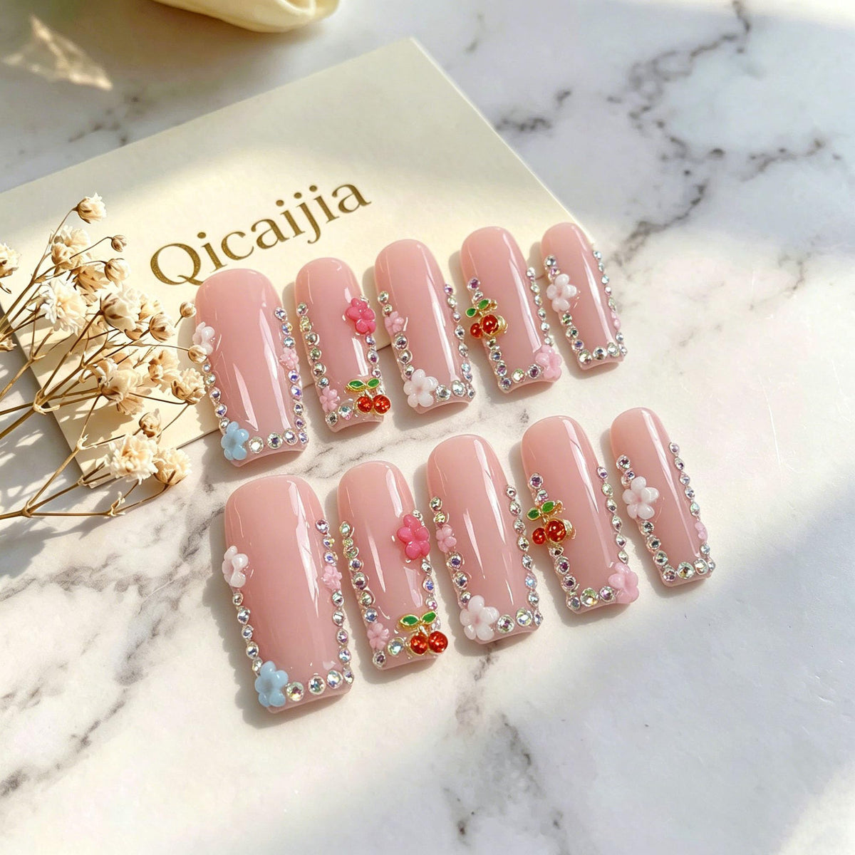 Luxury Handmade Press on Nails Long Coffin Fake Nails Rhinestone Crystal Full Cover False Nails with Glue with Designs Sparkly Long Acrylic Nail Reusable Stick on Nail for Women 10Pcs(Size M)