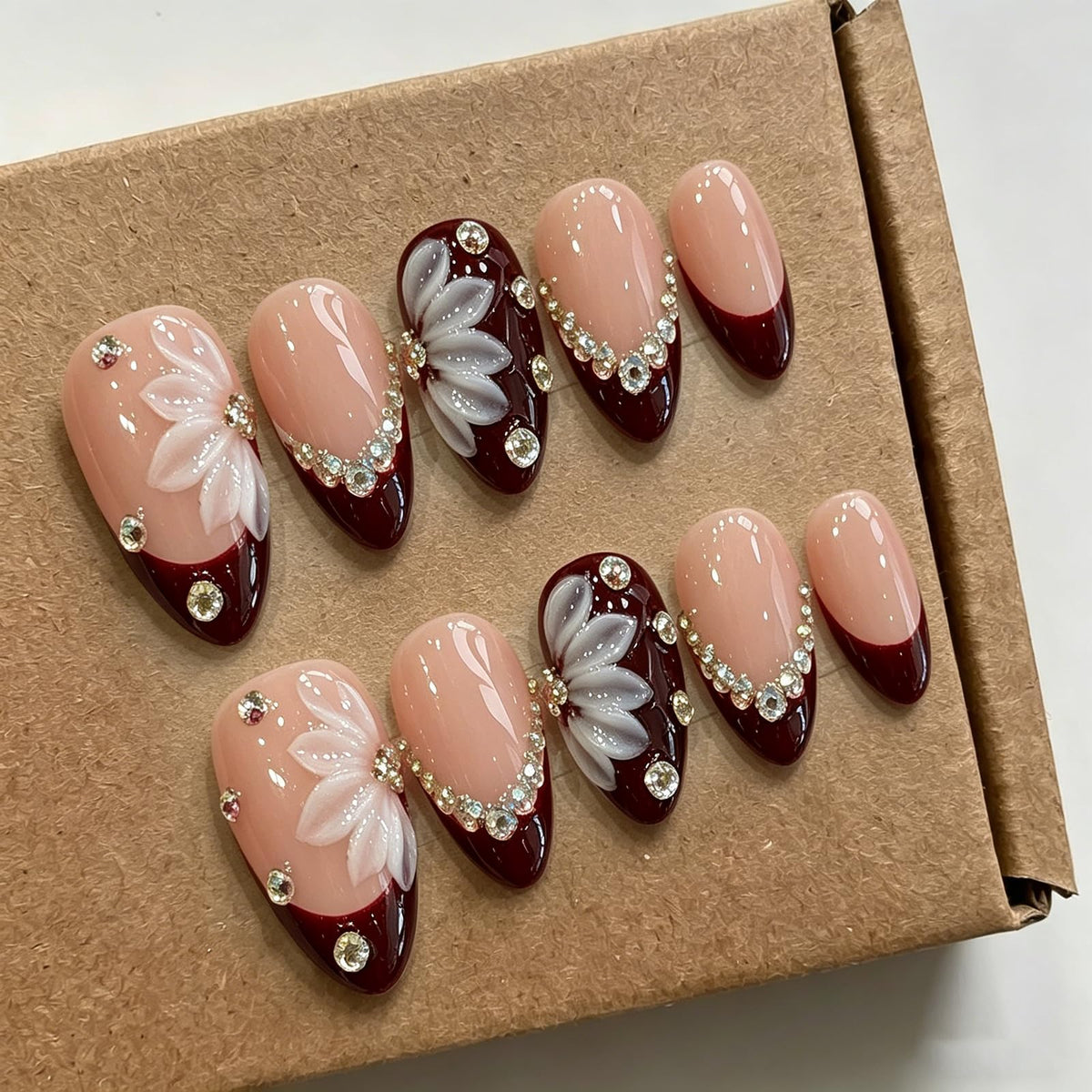 Handmade Almond Press on Nails Medium, Nude White French Tip Fake Nails with 3D White Flower Gold Metal Lines Pearl Decor, Glossy Reusable Full Cover False Nails for Women Wedding Daily(S)