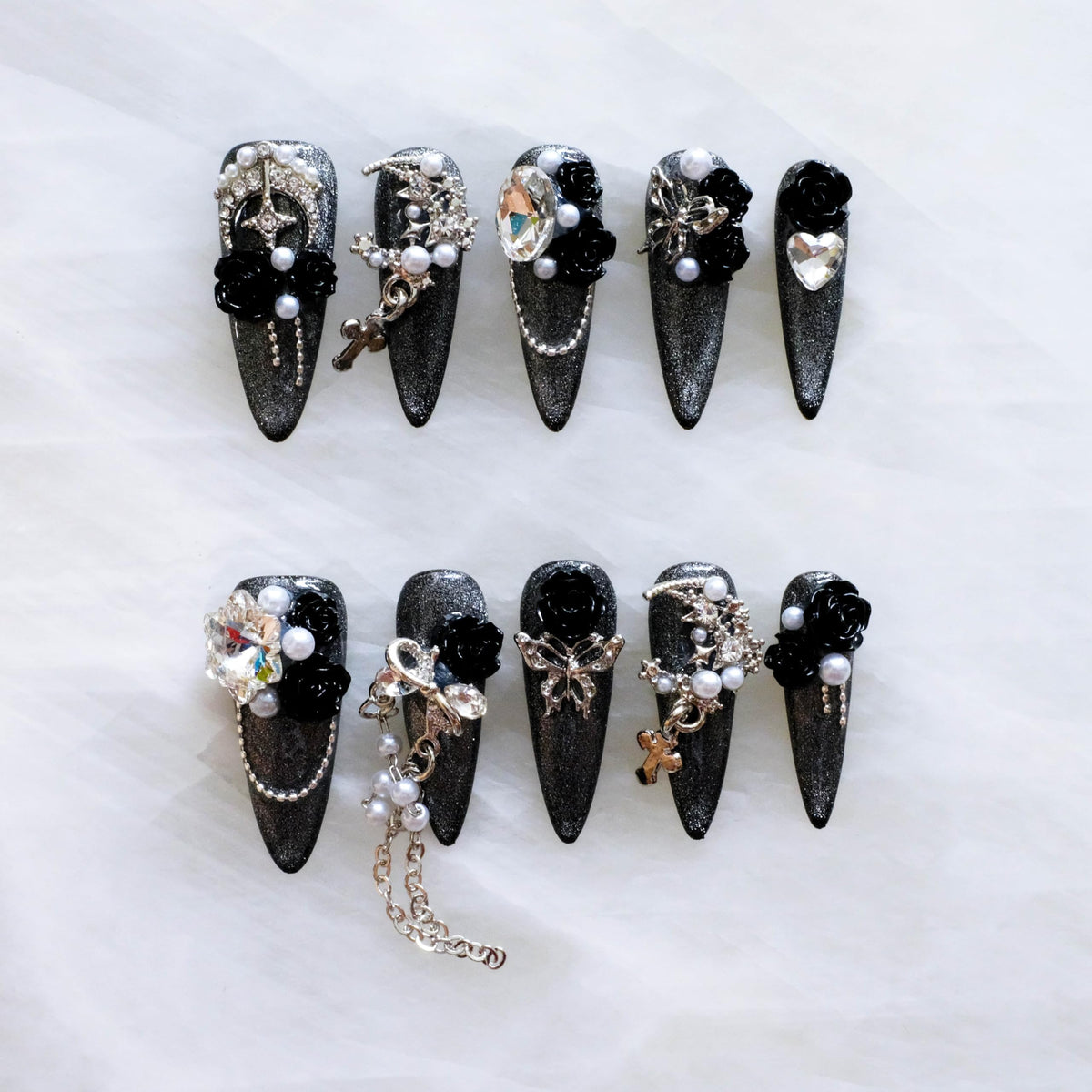 Luxury Handmade Press On Nails, Vintage Bohemian Style, Long Stiletto Shape, Crystal Heart Gems, Gold Stars Design, 10 Pieces (Large, LS)