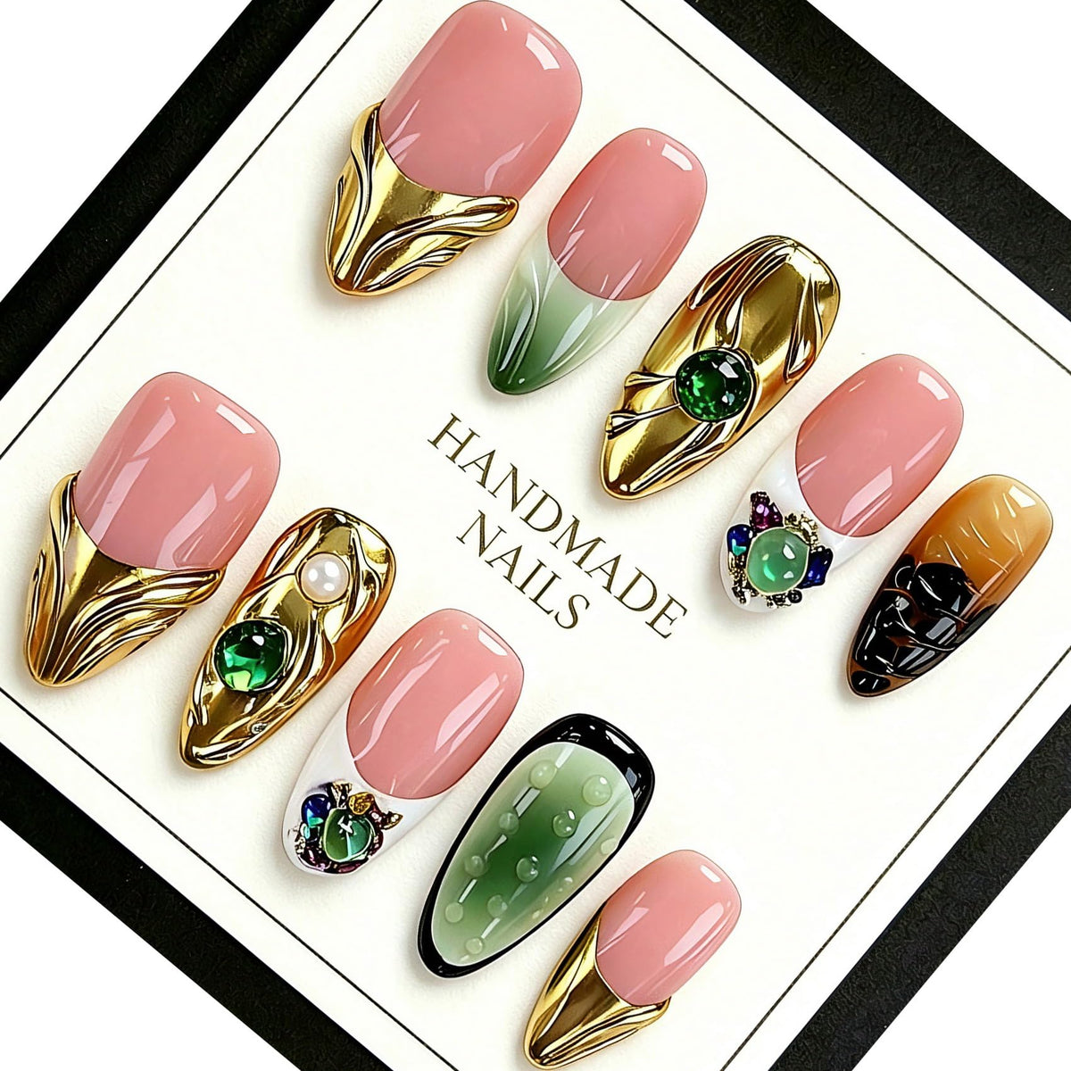 Handmade Almond Press on Nails, Abstract 3D Floral Gold, 10Pcs