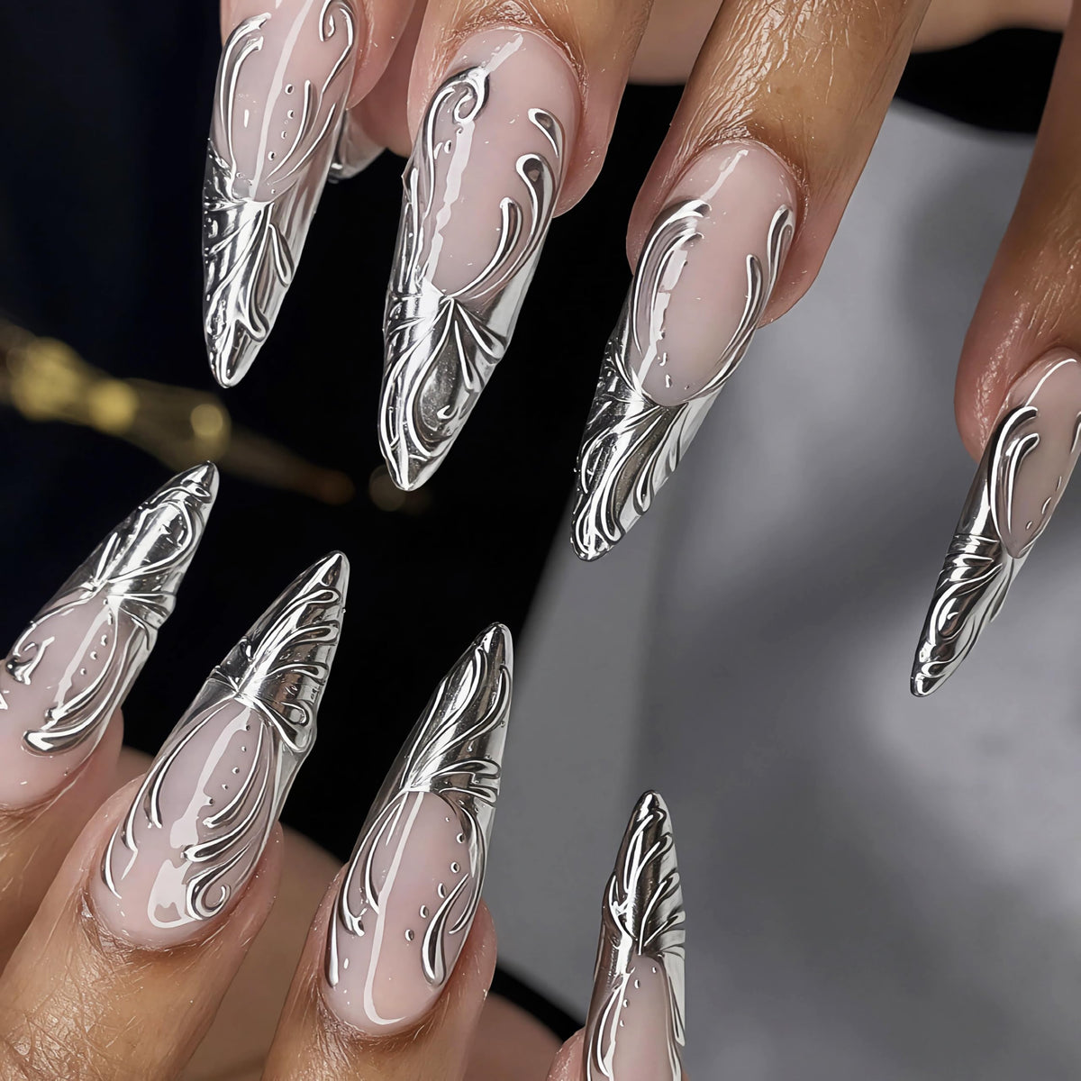 BABALAL Long Stiletto Press on Nails Metallic Gold Chrome Fake Nails