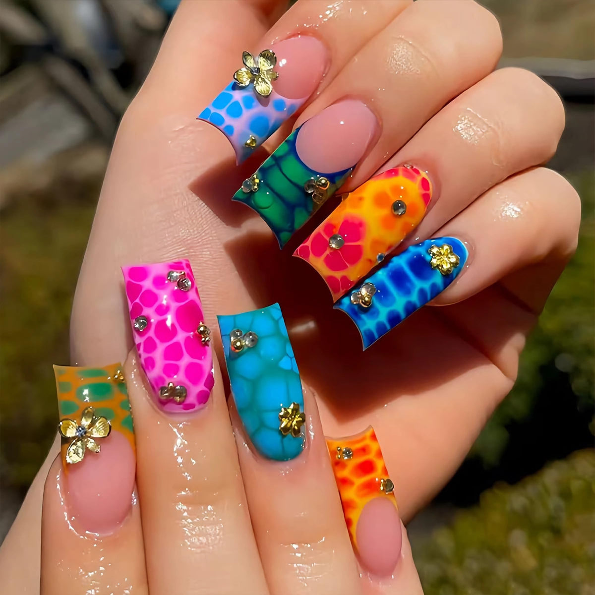 BABALAL Long Square Press on Nails - Blue Fake Nails, Luxury 3D Butterfly Gold Heart Charm Bling Design Full Cover Acrylic Nails Squoval Set 24Pcs
