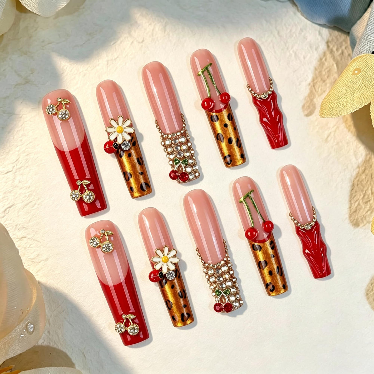 Luxury Handmade Press on Nails Long Coffin Fake Nails Rhinestone Crystal Full Cover False Nails with Glue with Designs Sparkly Long Acrylic Nail Reusable Stick on Nail for Women 10Pcs(Size M)