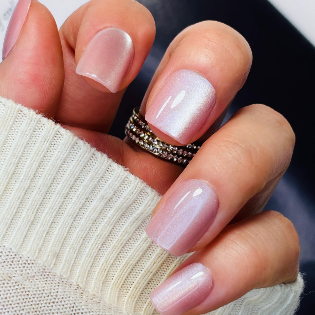 Glossy Nude Gold French Tip Press On Nails Short Almond, 30 PCS