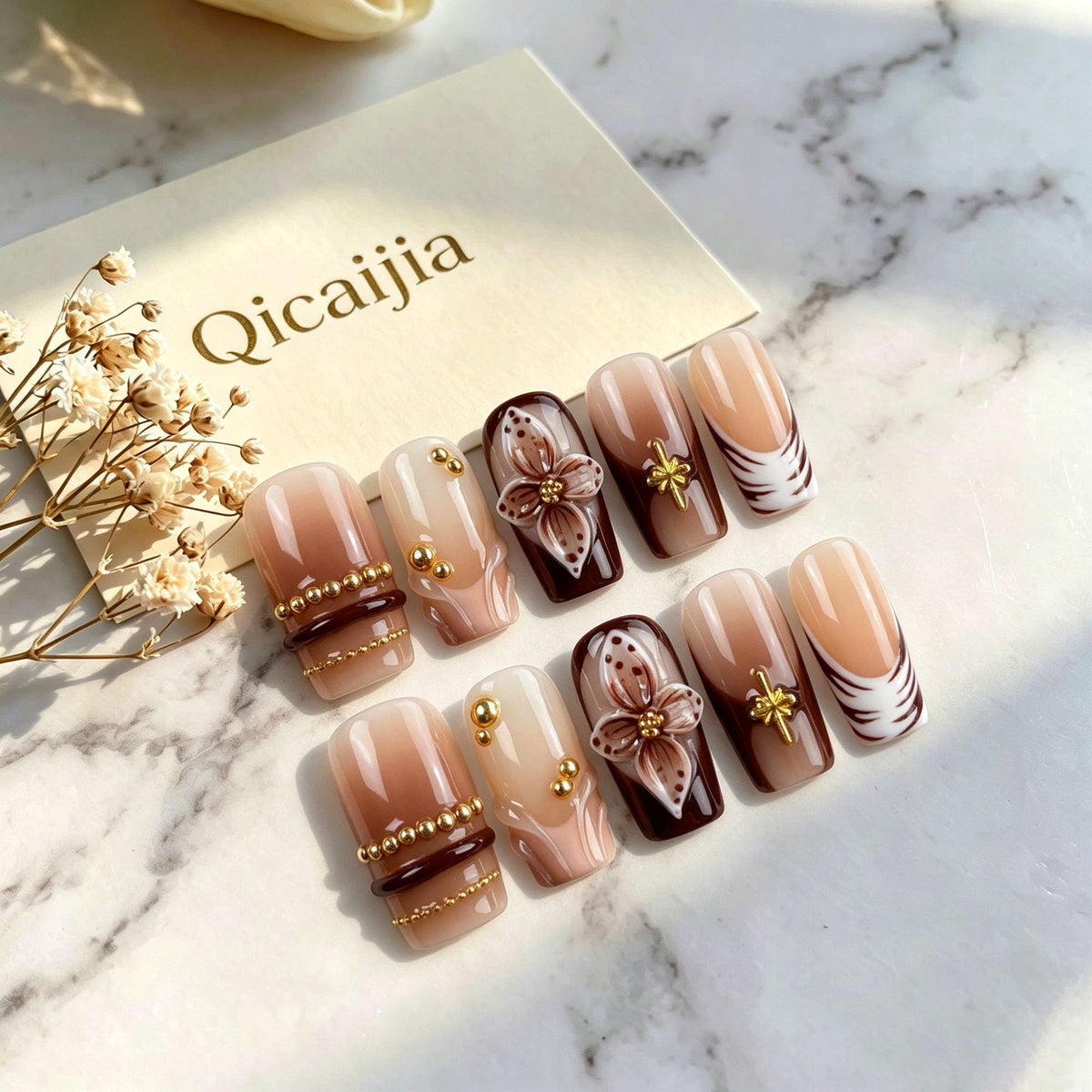 Handmade Press on Nails Medium Square Brown Gradient False Nails with 3D Flower and Swirl Design French Tip Fake Nails Luxury Reusable Acrylic Nails Press Ons for Women 10Pcs (Size M)