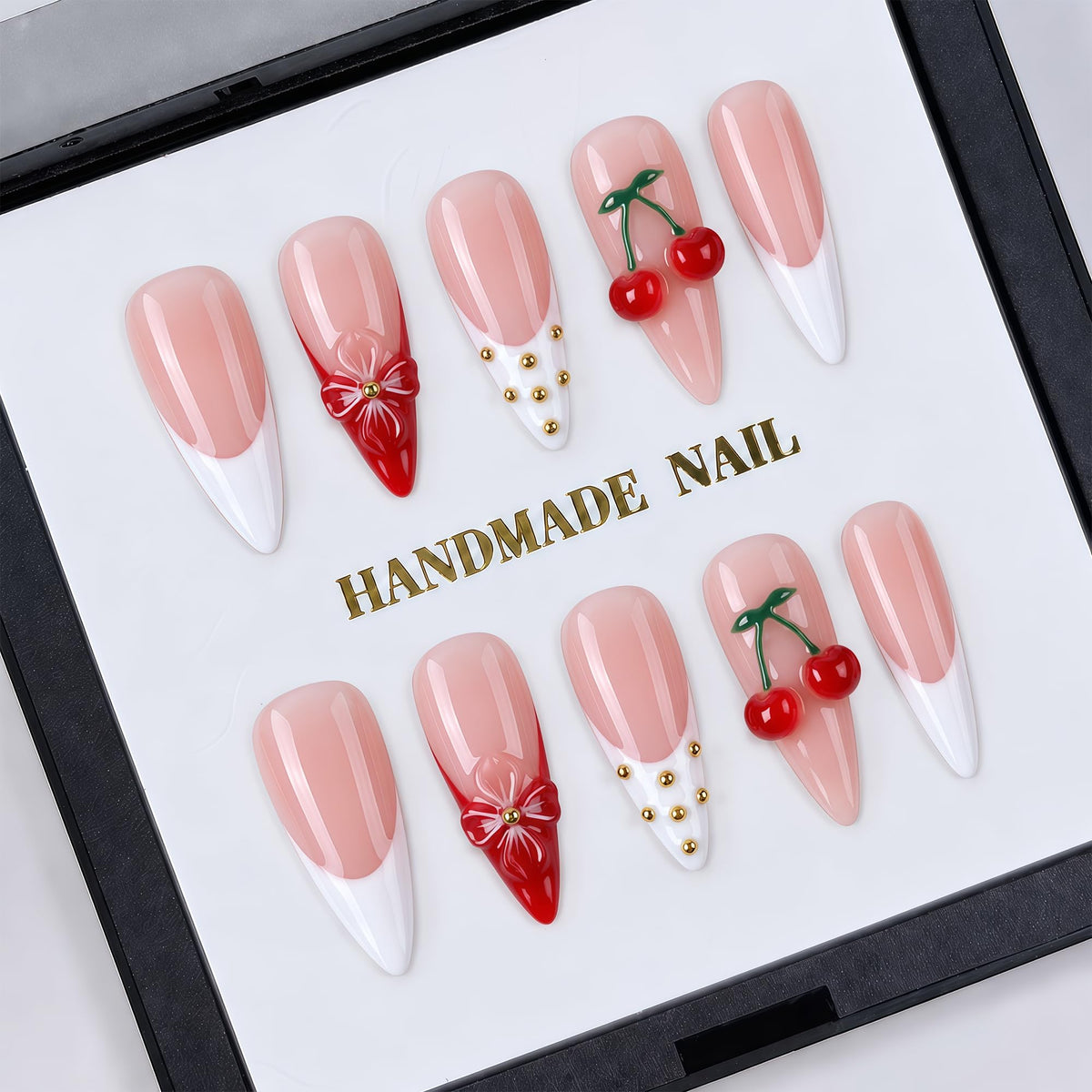 Luxury Handmade Nude Stiletto Press on Nails Long French Tip Nails
