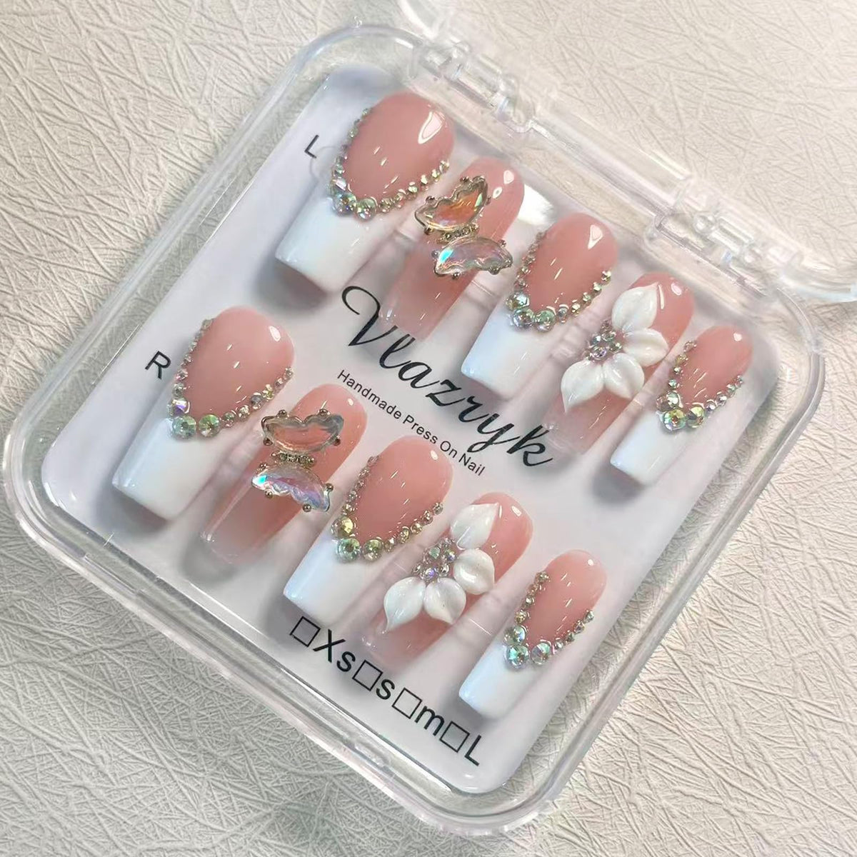 Handmade Press On Nails – Short Almond False Nails for Women, Reusable Acrylic White French Tip with Pearl & 3D Flowers Design – Salon Quality Fake Nails (10PCS Size S)