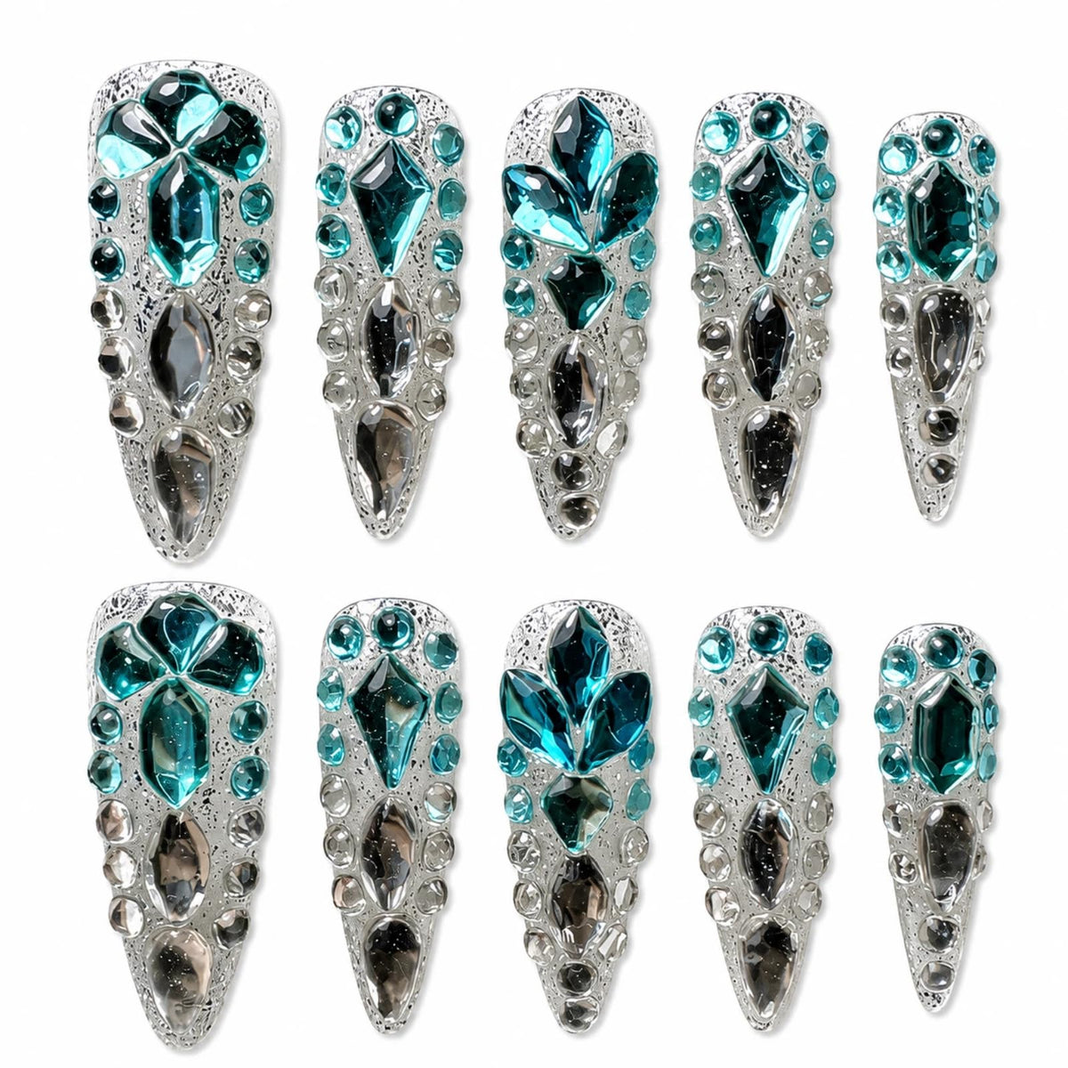 Baroque Gold Charm Press on Nails, Pink Blue Luxury Long Stiletto
