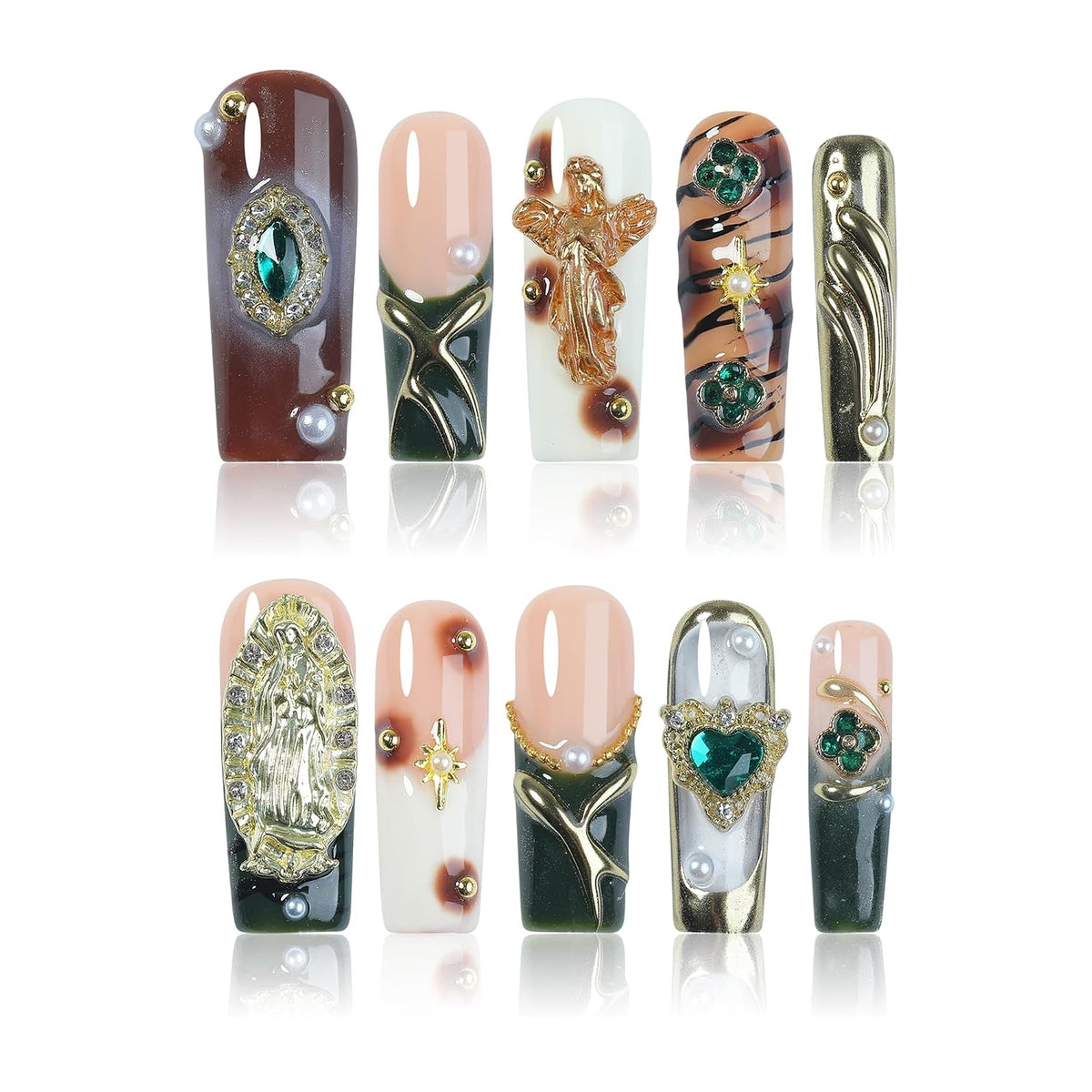 Luxury Baroque Press-On Nails 10pcs, Handmade Long Square Acrylic Nails with Sculpted Gold Relief, Gemstone Heart Charms & Pearl Details, Vintage Green Brown Glossy Design for Statement Style – Appife